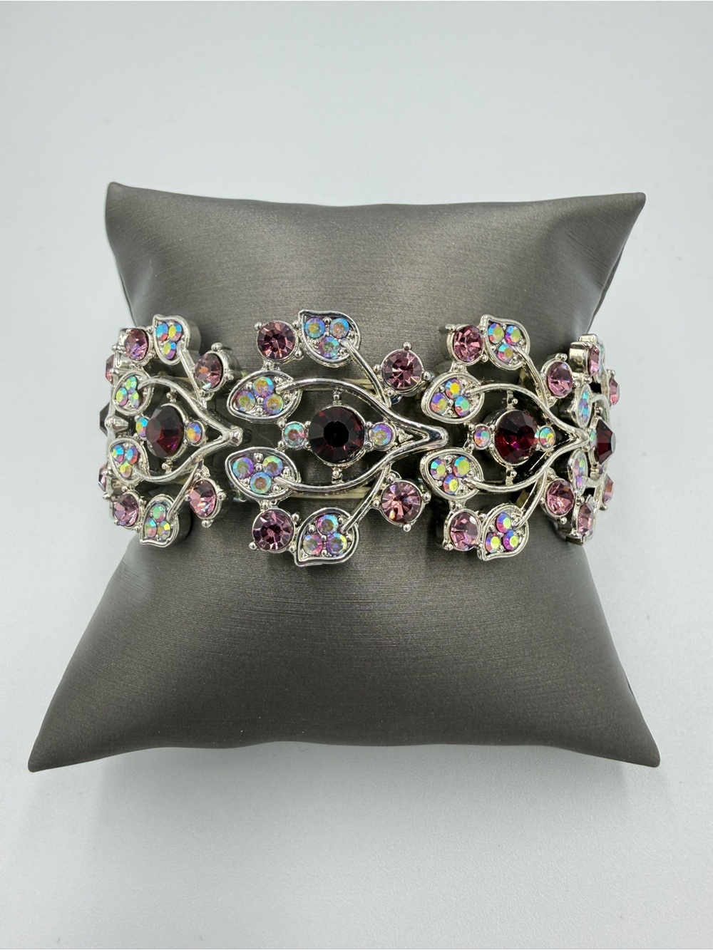 Silver-Tone Pink & Iridescent Crystal Floral Link Bracelet